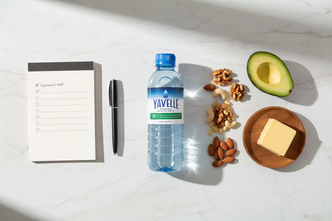 A Yavelle deuterium-depleted water bottle beside a checklist notebook, pen, avocado and nuts on white marble, representing a mindful and consistent deuterium depletion routine