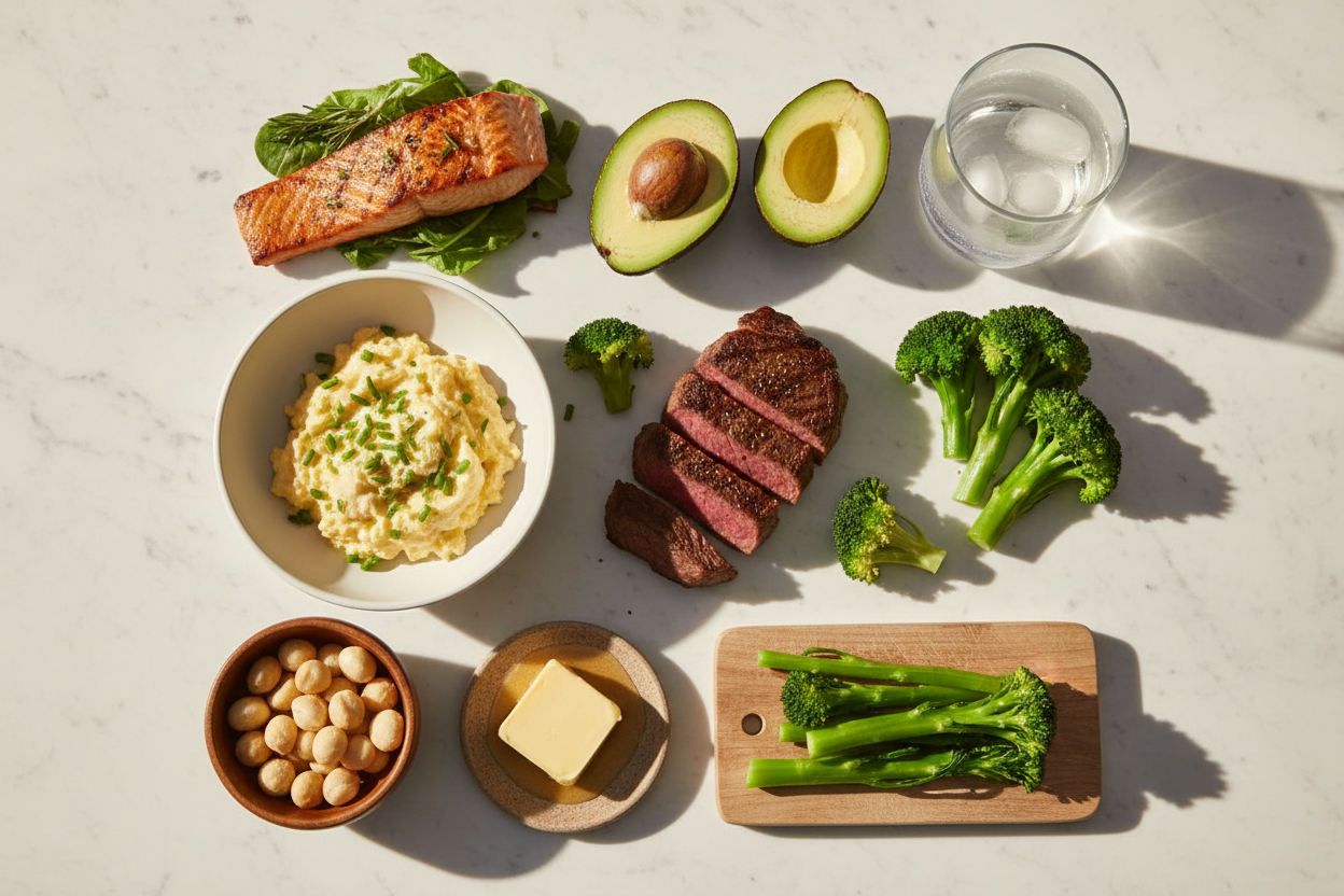 A premium spread of low deuterium keto foods on white marble including grilled salmon, scrambled eggs, avocado, steak, broccoli, macadamia nuts and grass-fed butter, representing a full week of low deuterium meals