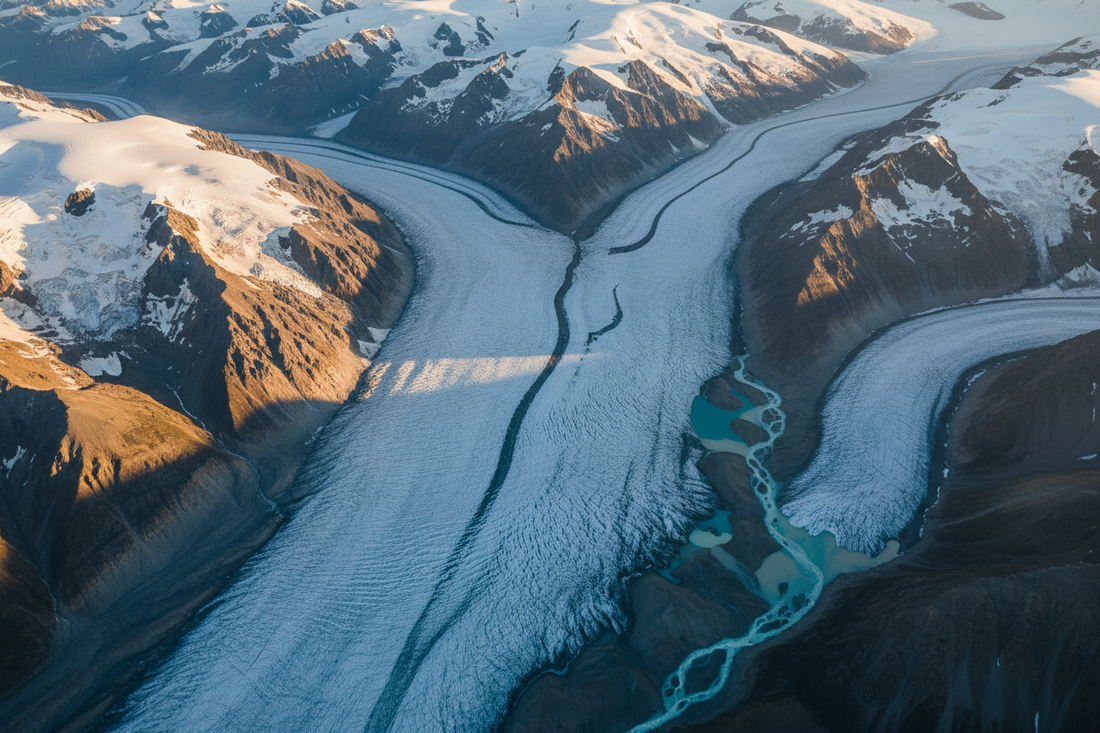 Aerial view of an ancient high-altitude glacier with pristine blue-white ice, turquoise glacial meltwater pools, and dramatic mountain peaks — a natural source of deuterium-depleted water