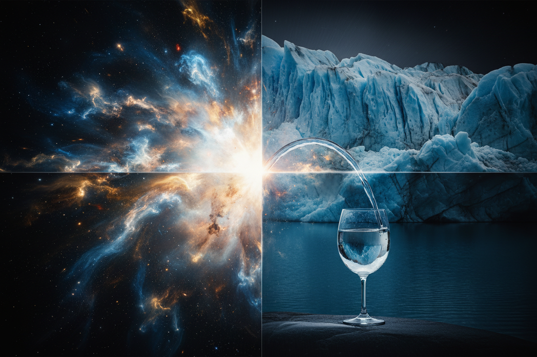 A cinematic split image showing the Big Bang cosmic explosion on one side and pristine glacial meltwater flowing into a glass on the other, representing the origins of deuterium-depleted water.