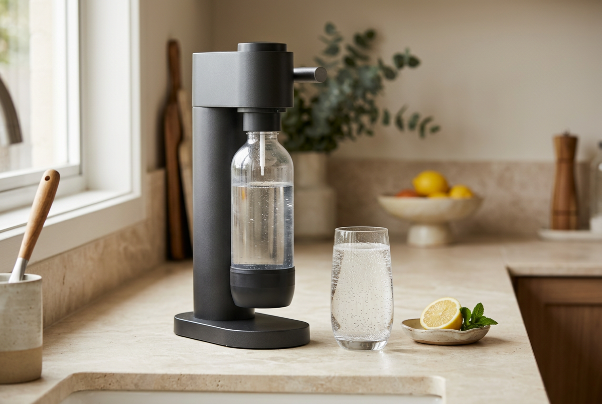A SodaStream carbonating a glass bottle of deuterium-depleted water at home