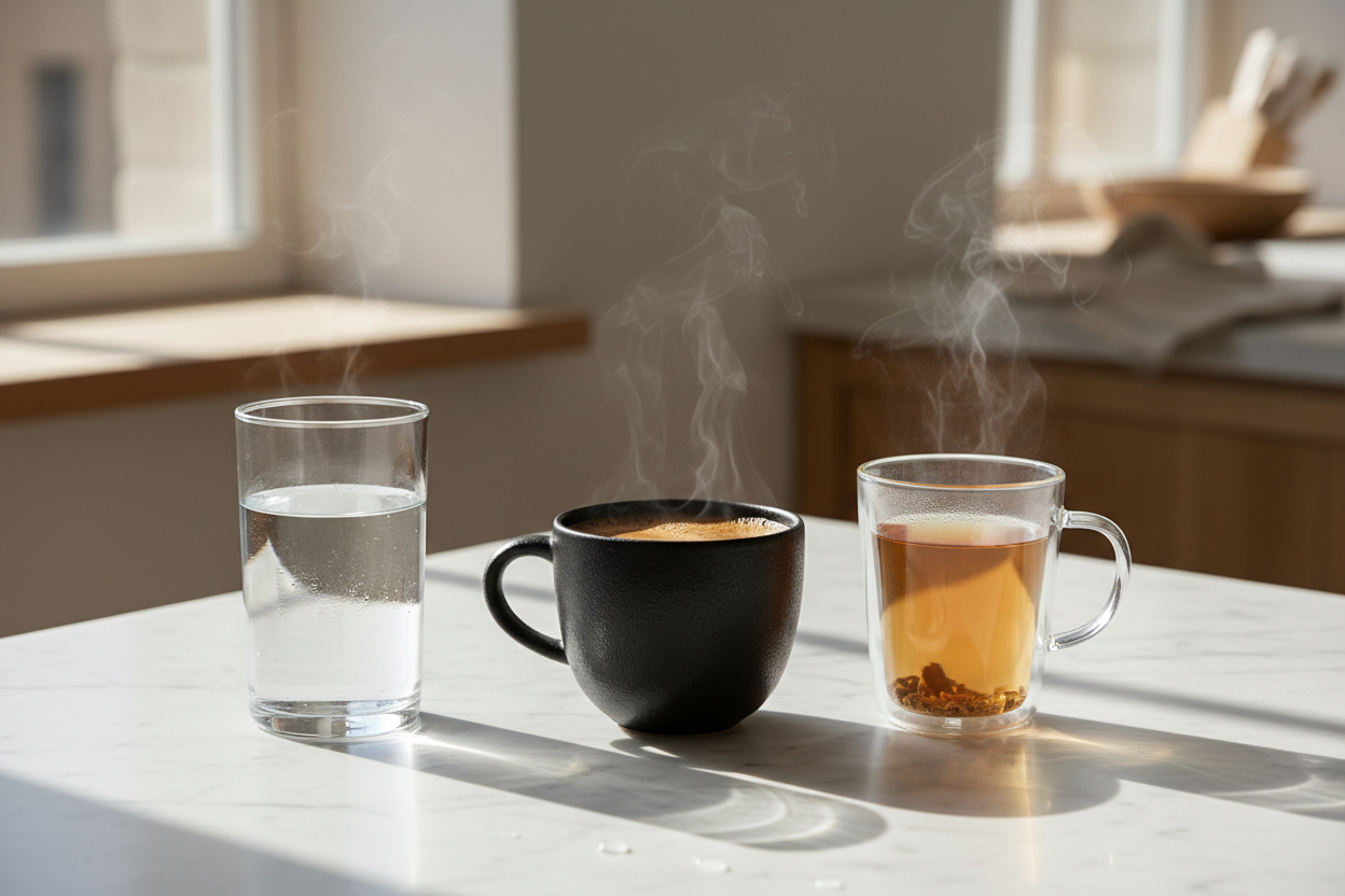 A glass of Yavelle deuterium-depleted water beside a cup of black coffee and tea on a white marble surface, illustrating how DDW can be used hot in everyday drinks.