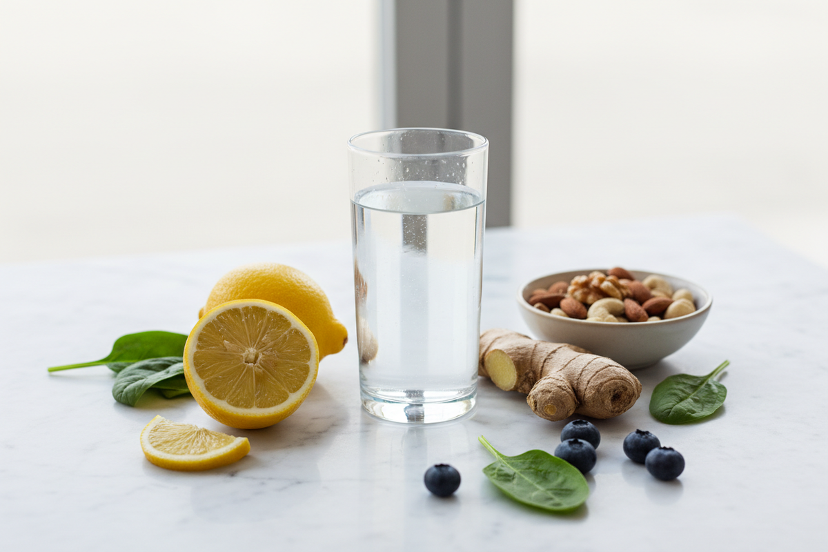 A glass of pure water surrounded by immune-supporting foods including lemon, ginger, nuts, spinach and blueberries on a white marble surface, representing the connection between deuterium-depleted water, mitochondrial health and the immune system