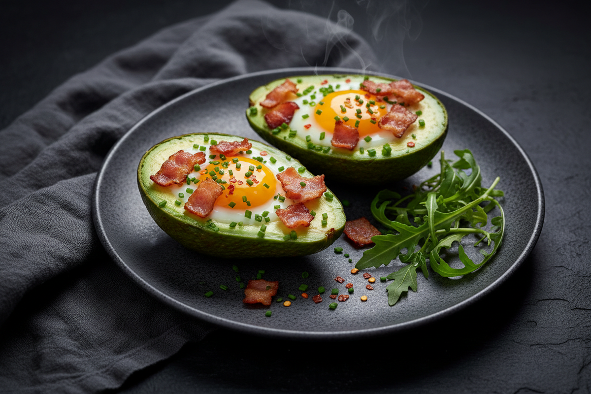 Two avocado halves with eggs baked inside, topped with crispy bacon and fresh chives on a dark plate — a low deuterium, keto-friendly breakfast by Yavelle