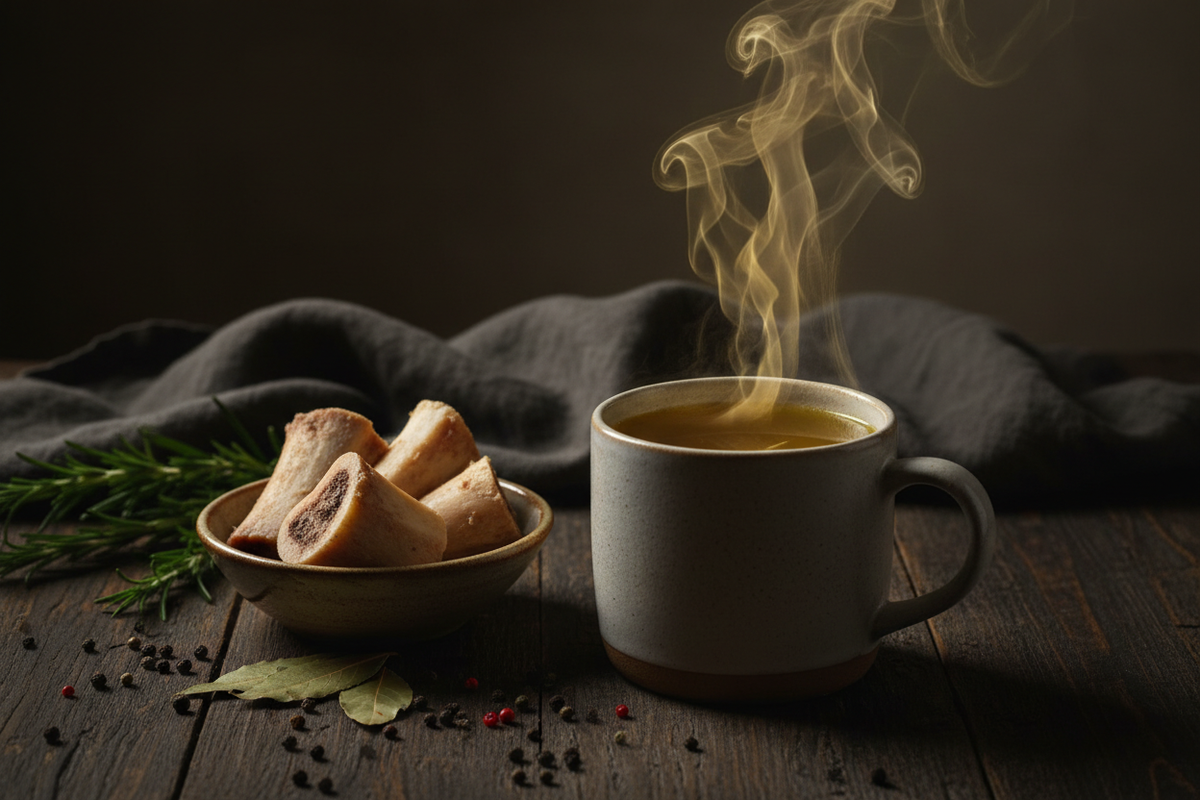A steaming mug of rich golden grass-fed bone broth with marrow bones and fresh herbs on a dark wooden surface — a low deuterium, collagen-rich foundation recipe by Yavelle