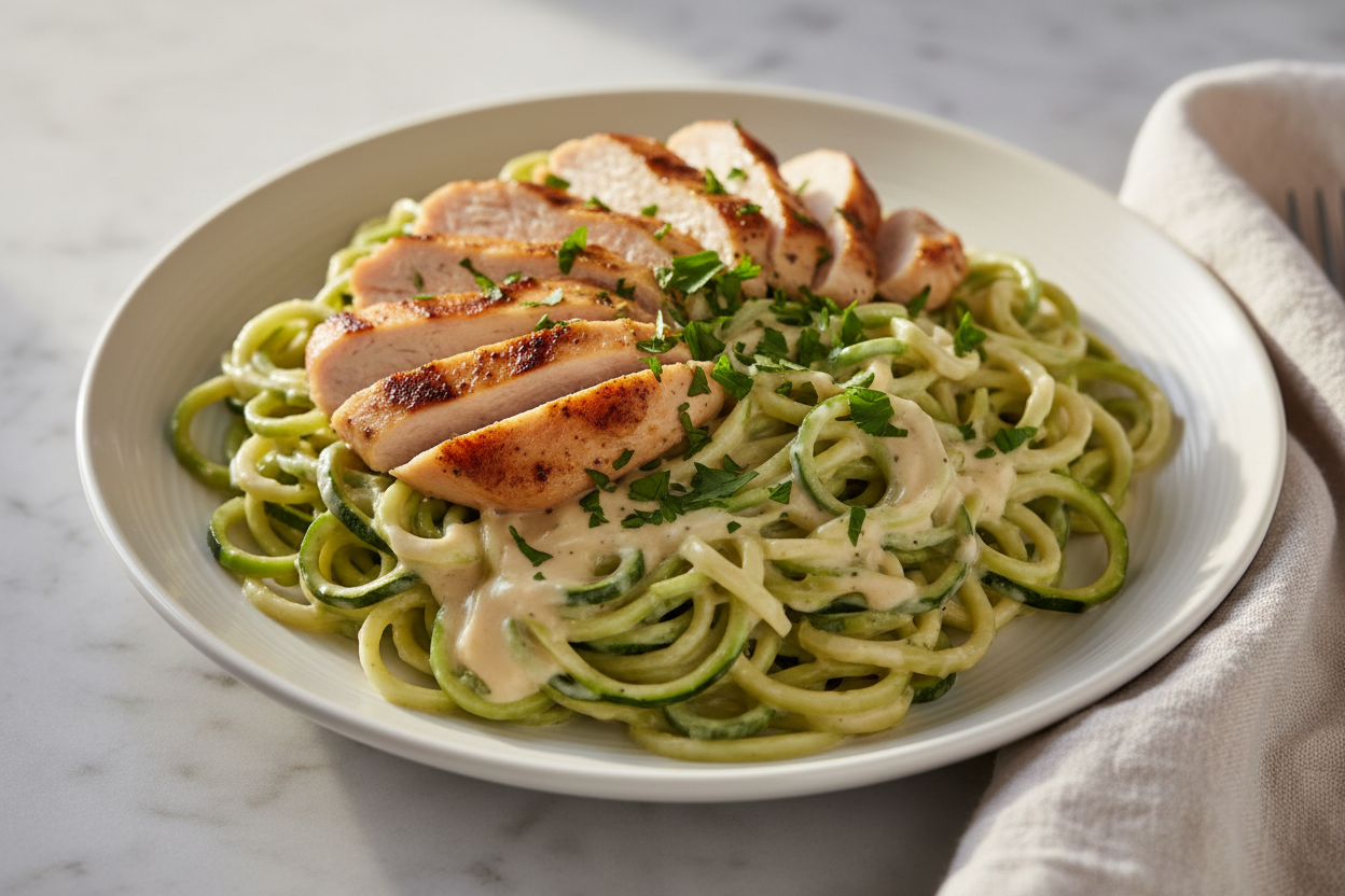 A plate of low deuterium chicken alfredo with sliced pasture-raised chicken over zucchini noodles in a creamy parmesan sauce, garnished with parsley
