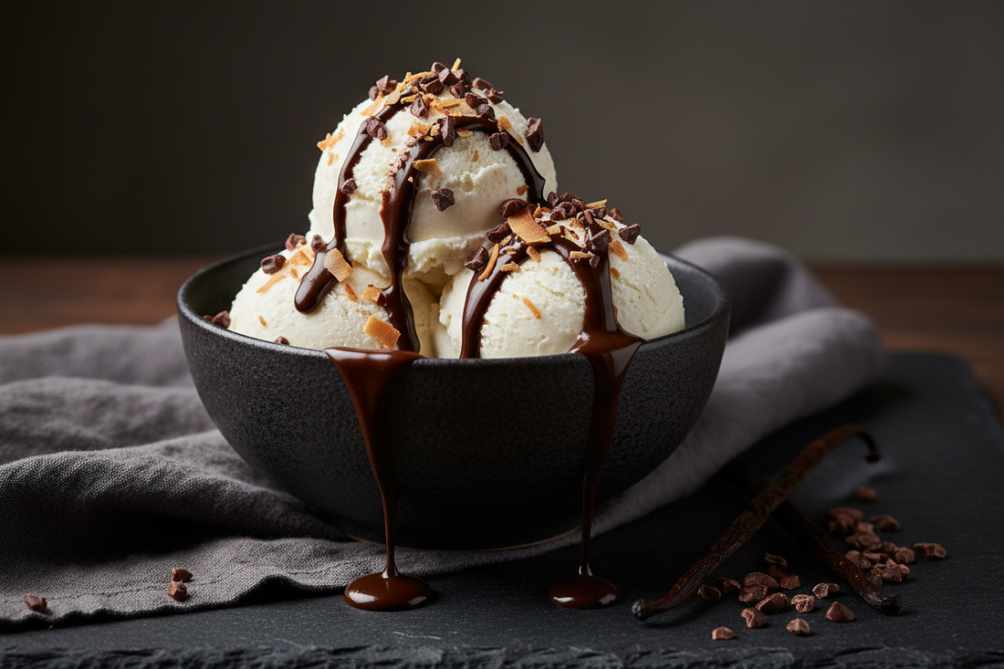 Two scoops of creamy coconut vanilla ice cream topped with cacao nibs, toasted coconut flakes, and a dark chocolate drizzle — a low deuterium, dairy-free, keto frozen dessert by Yavelle
