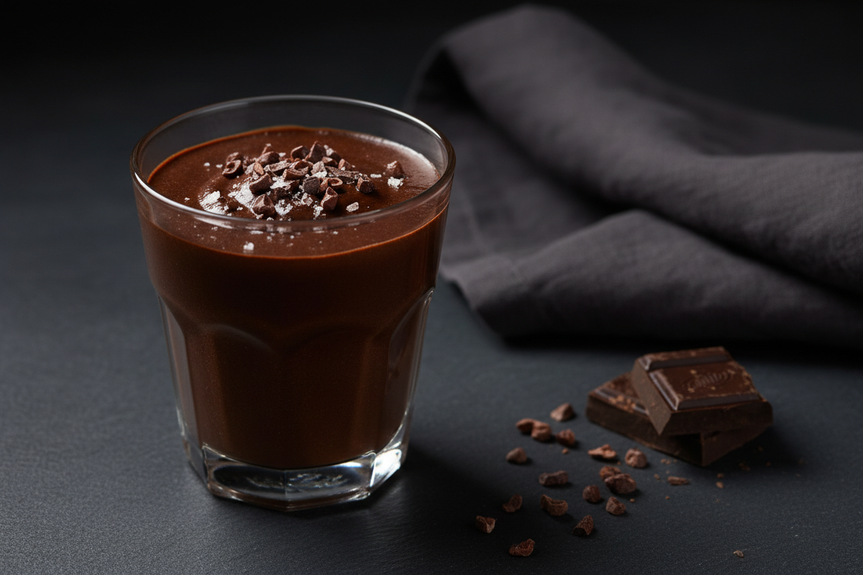 A rich dark chocolate coconut mousse served in an elegant glass, topped with cacao nibs and sea salt flakes — a low deuterium, keto-friendly dessert by Yavelle