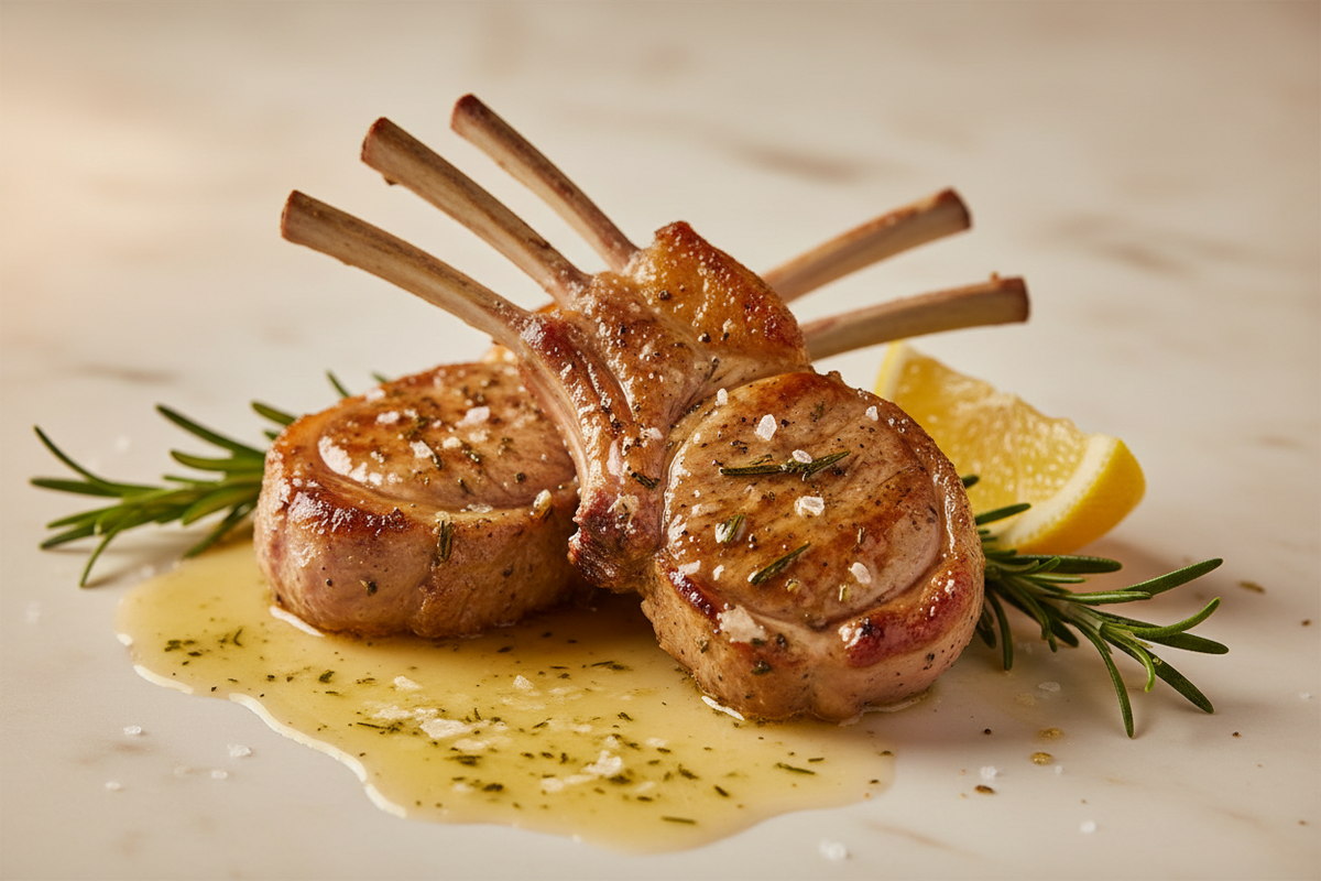 Two golden-seared grass-fed lamb chops basted in garlic and rosemary herb butter on a marble surface, a low deuterium keto dinner ready in 15 minutes.
