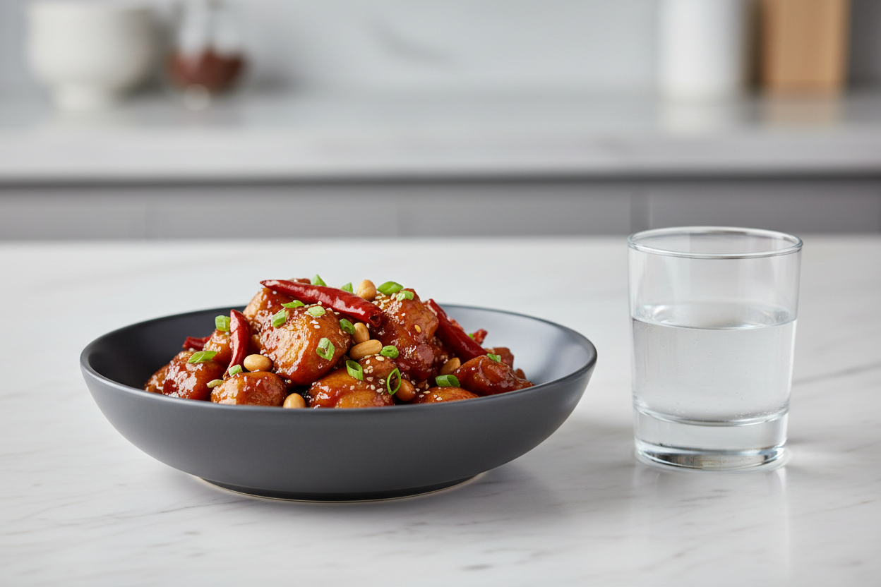 Low deuterium Kung Pao Chicken with macadamia nuts and broccoli in a wok