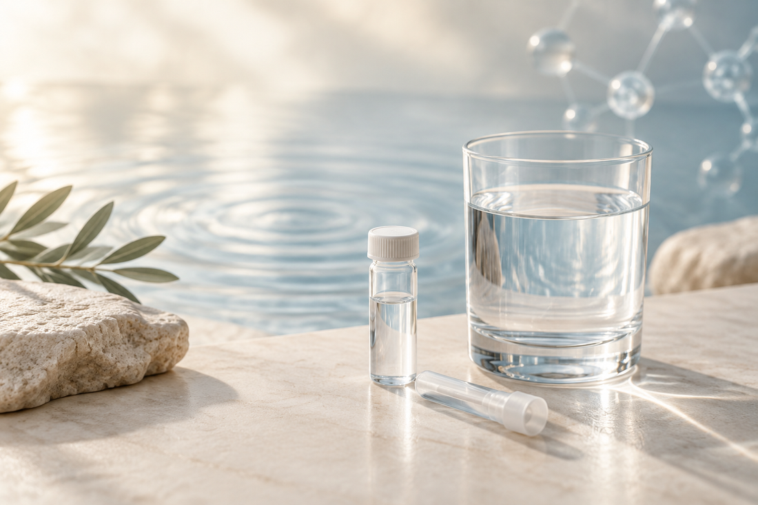 Laboratory sample vial and breath collection tube beside a clear glass of water for deuterium testing.