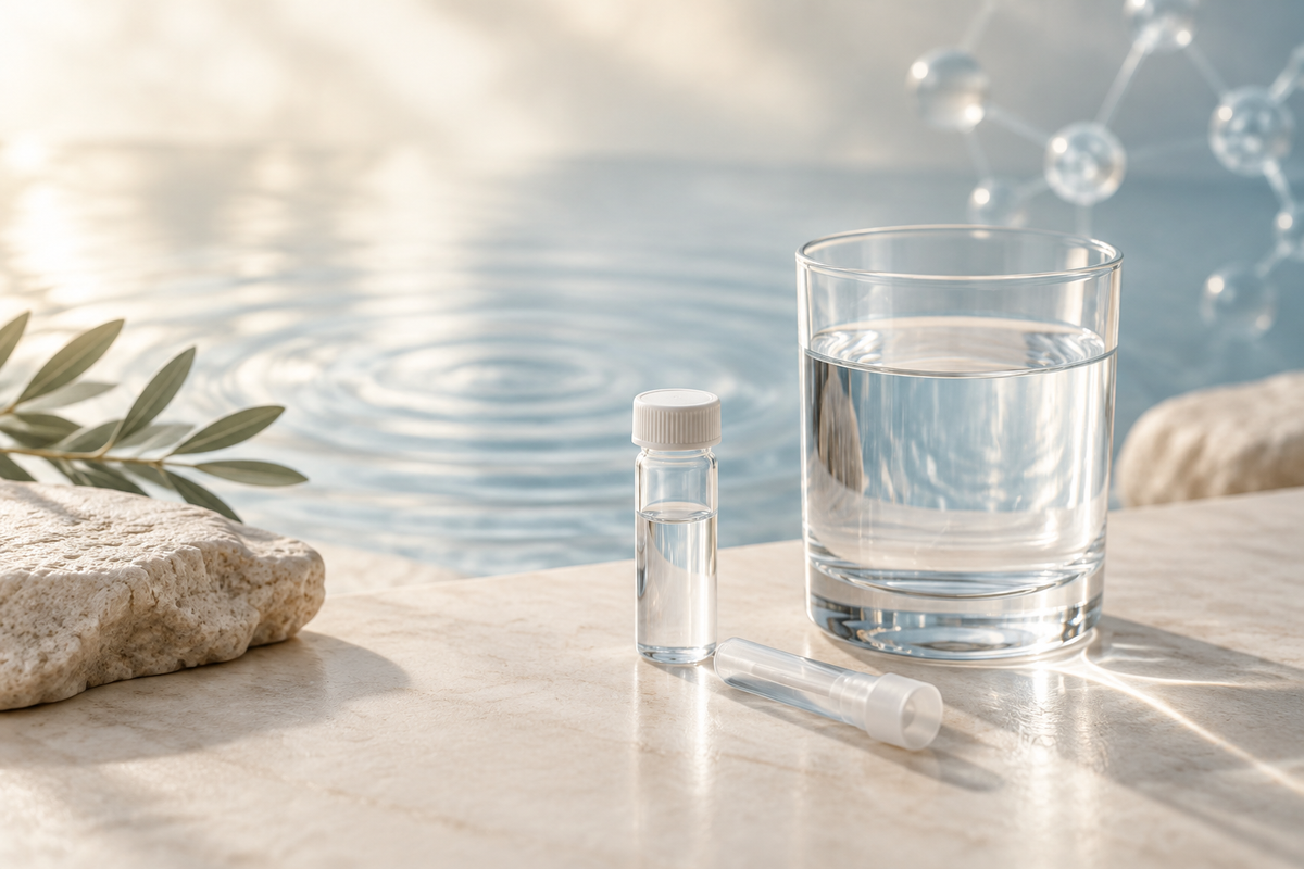 Laboratory sample vial and breath collection tube beside a clear glass of water for deuterium testing.