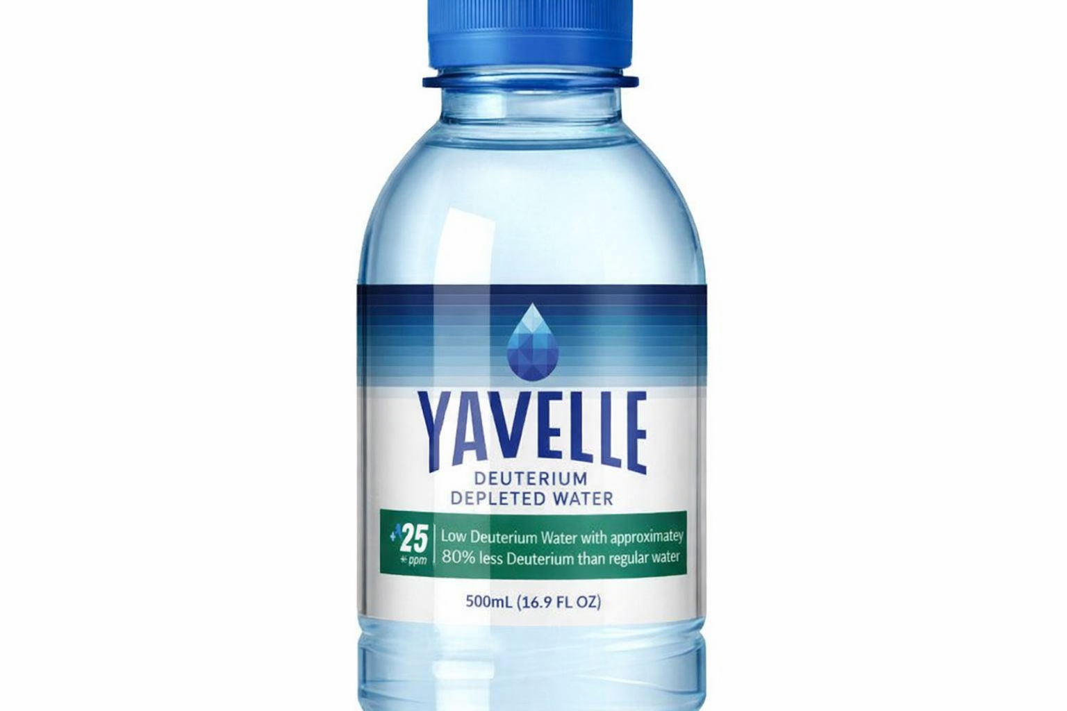 Yavelle 25ppm Deuterium-Depleted Water nutrition facts label 500mL bottle