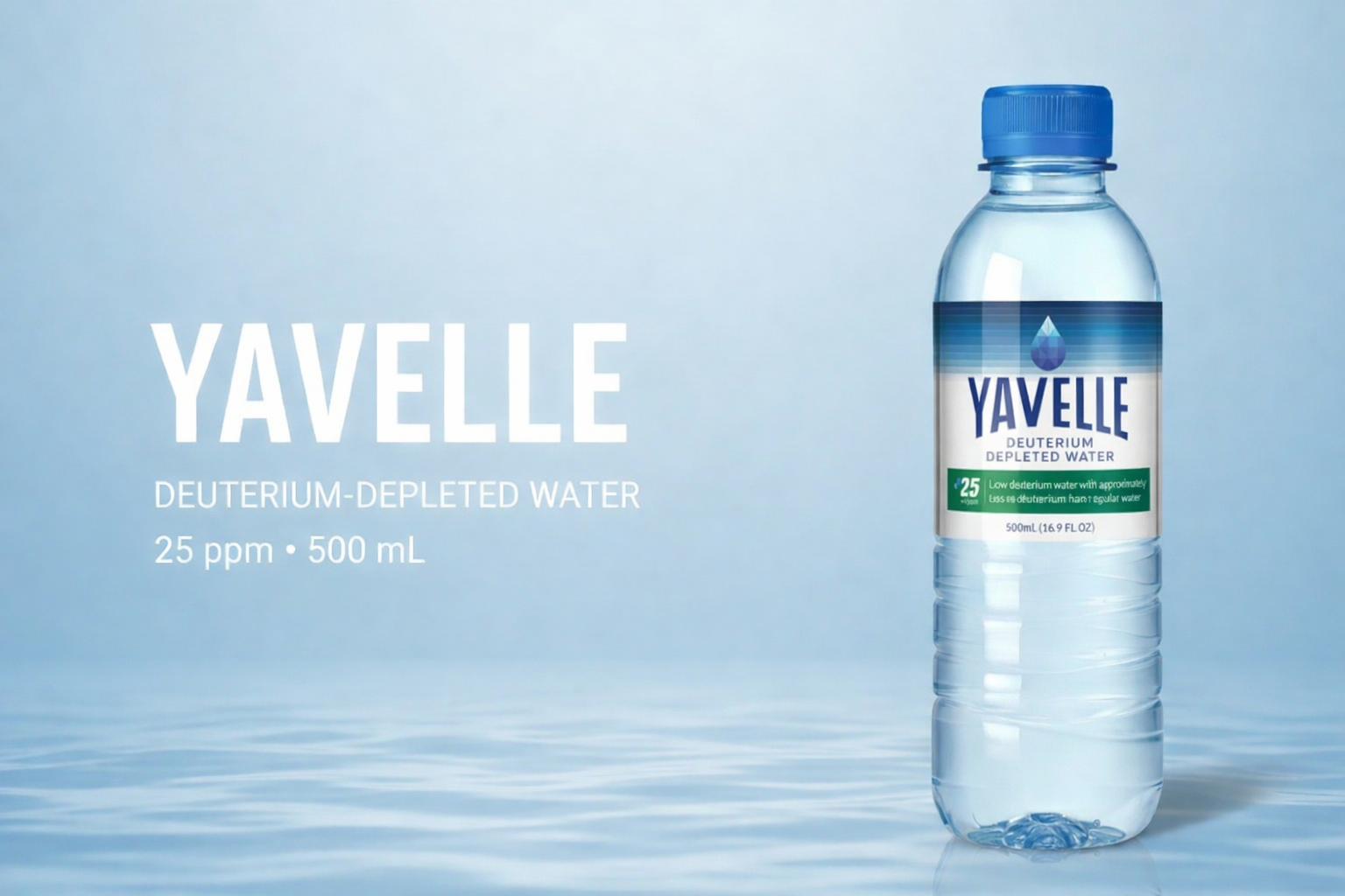 Yavelle deuterium-depleted water bottle on a light blue background