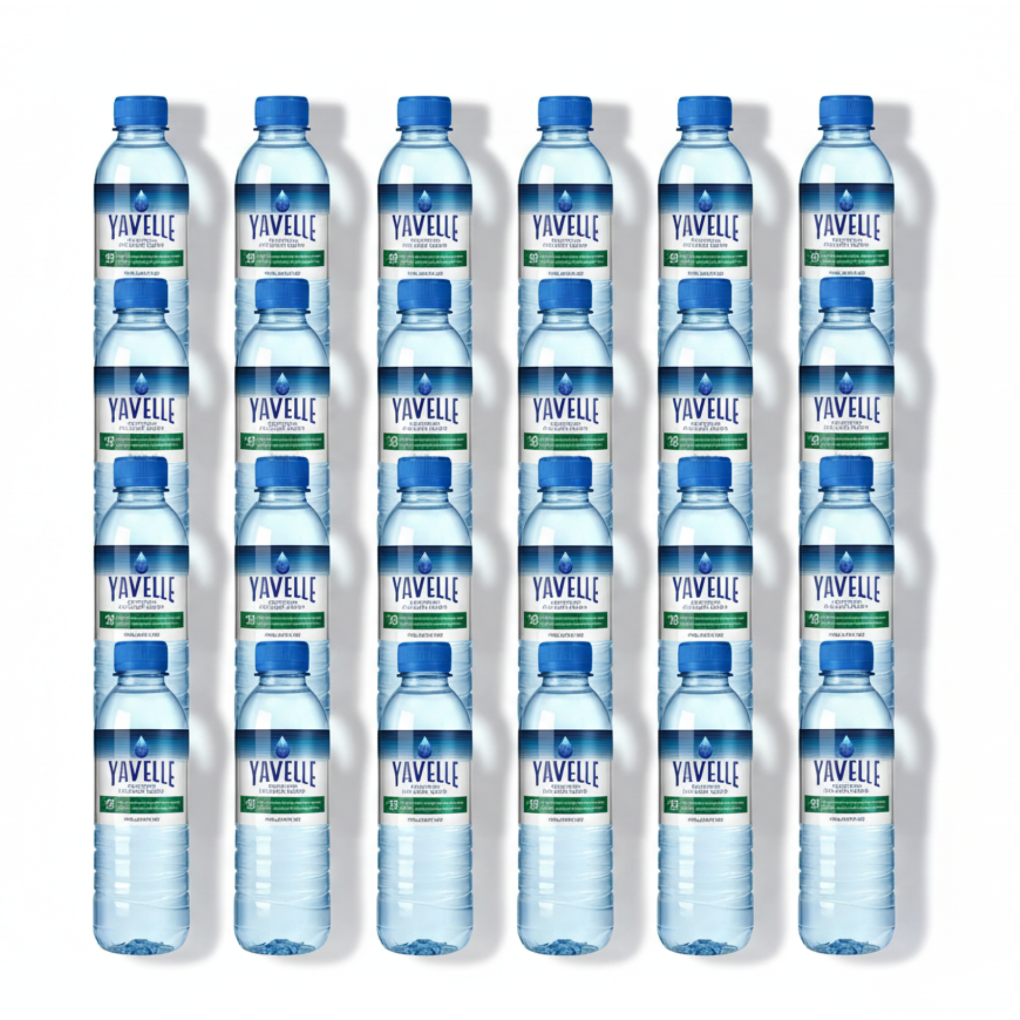 Multiple Yavelle water bottles arranged in a grid on a white background