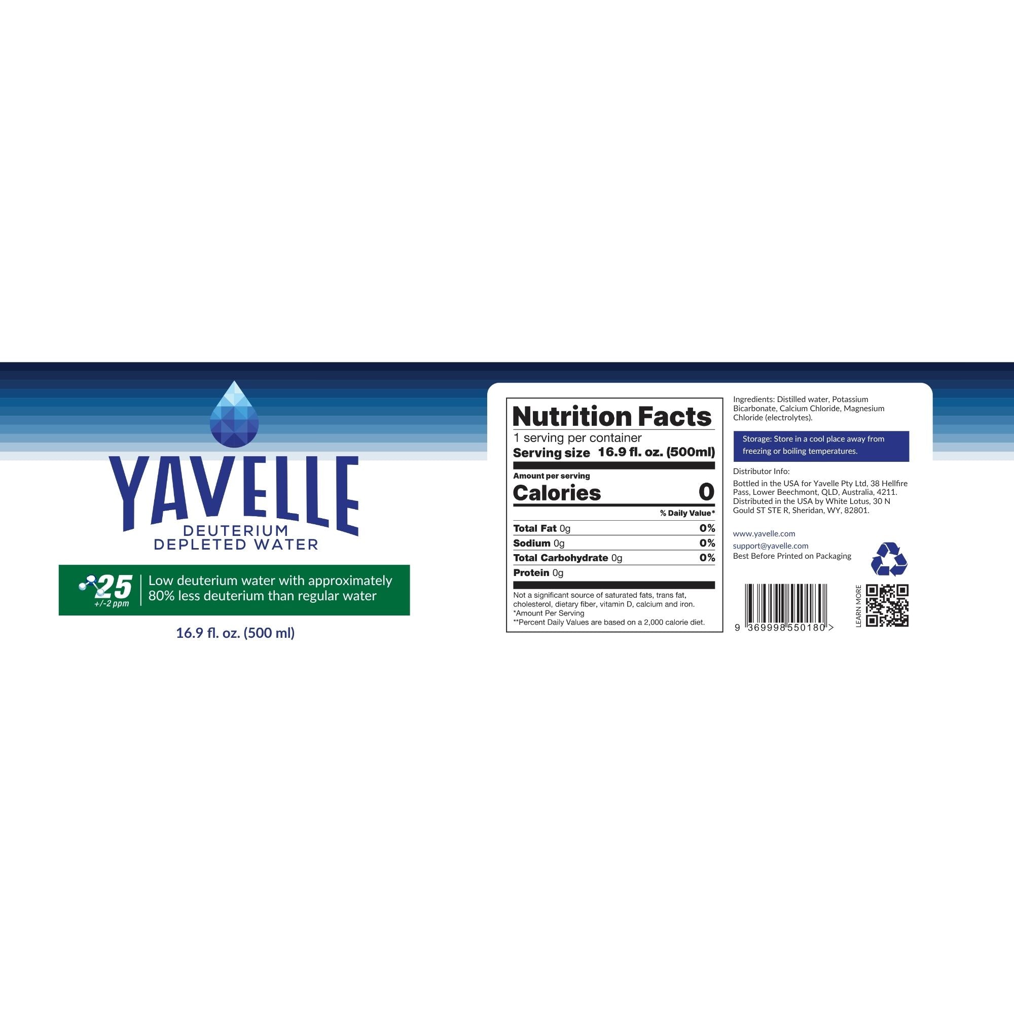 Yavelle deuterium depleted water label with nutrition facts panel on a white background