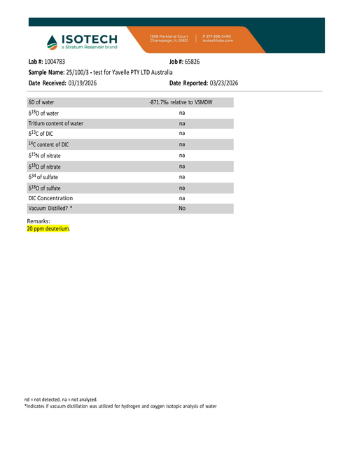 Yavelle 25ppm deuterium-depleted water certificate of analysis from an independent laboratory, tested at 20 ppm, exceeding the 25 ppm specification